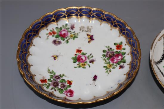 A Chelsea Derby tea bowl and saucer, a similar fluted cup an cover, c.1780, and a Worcester style cup and saucer, late 19th century,